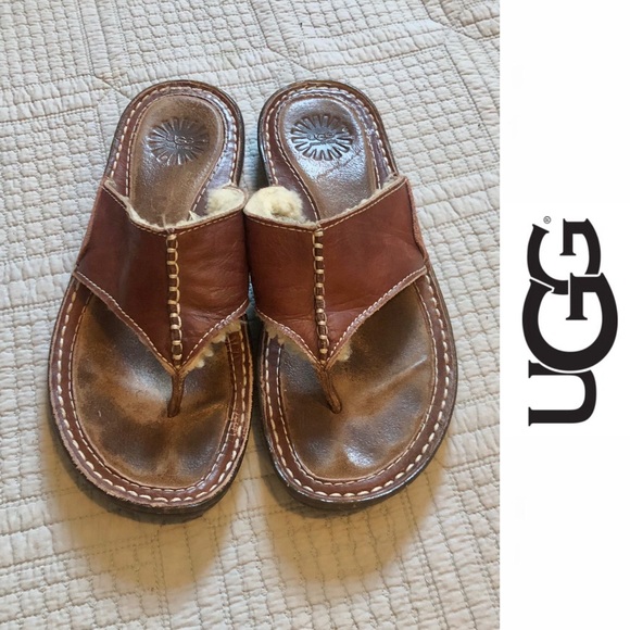 UGG Shoes - UGG Australia LAYBACK Thong Sandals Brown Leather Sheepskin Lined Women's 7